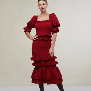 Rachel Parcell  Jacquard Smocked Midi Dress Deep Red